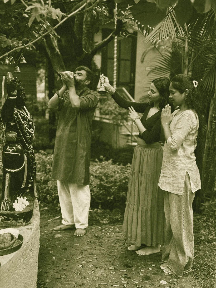 Vedic ritual with conch shell and bell at the Bhairav Baba shrine