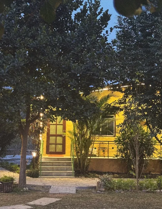 Yellow cottage glowing at dusk among trees and fairy lights