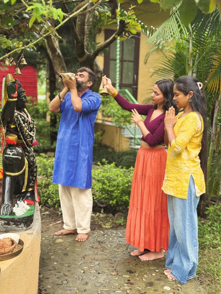 Vedic ritual with conch shell and bell at the Bhairav Baba shrine